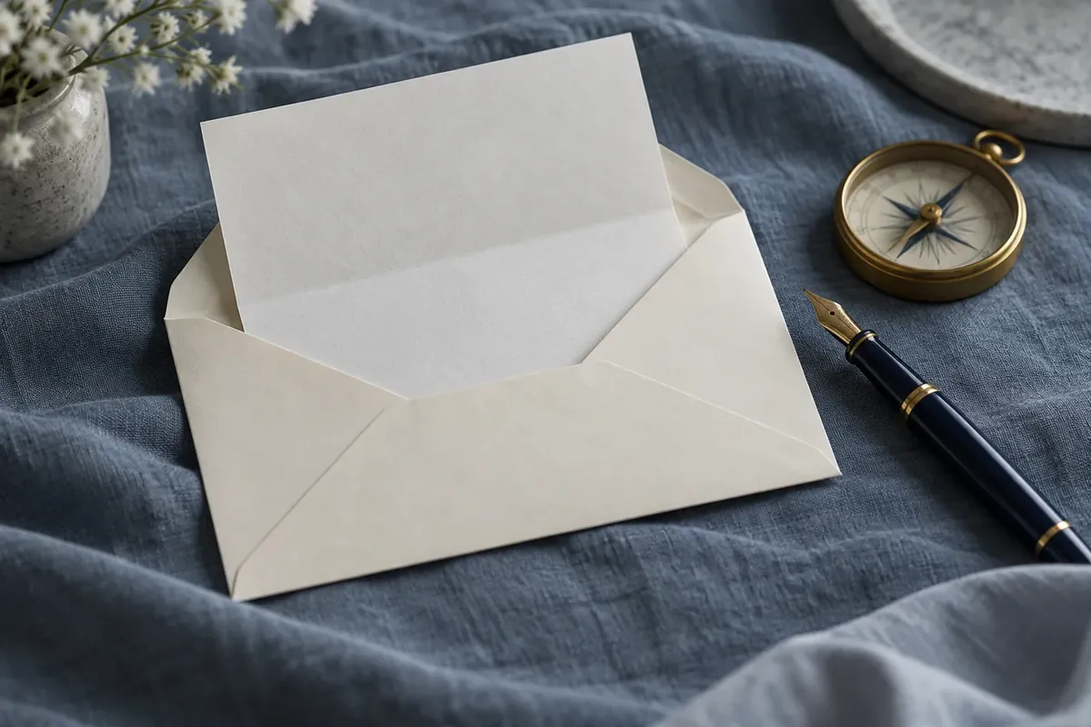 A cream envelope with a blank letter, a fountain pen and a brass compass on slate-blue linen