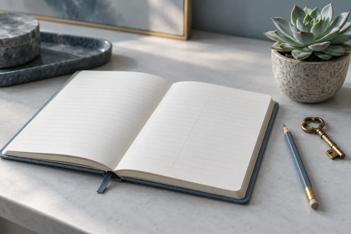 An open notebook with two empty columns, a pencil, a brass key and a small succulent on a pale grey desk