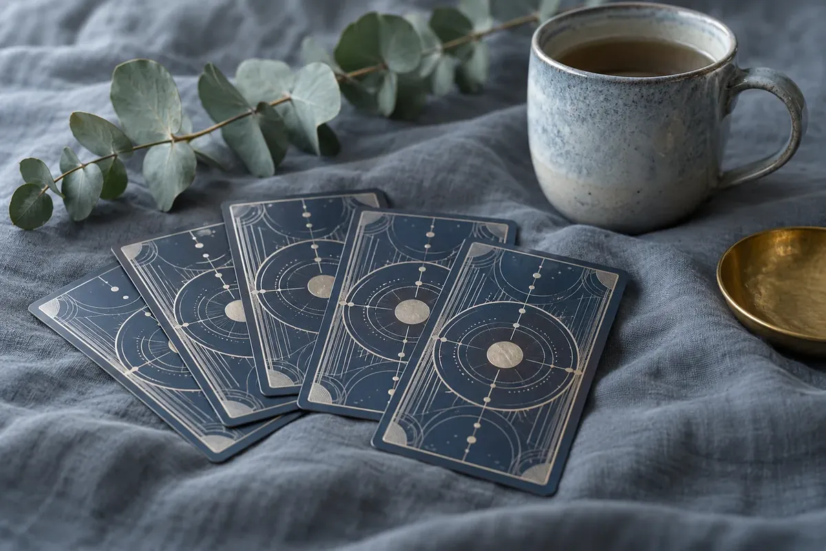 A loose fan of cards with abstract navy and silver backs, a ceramic mug and a sprig of eucalyptus on grey cloth