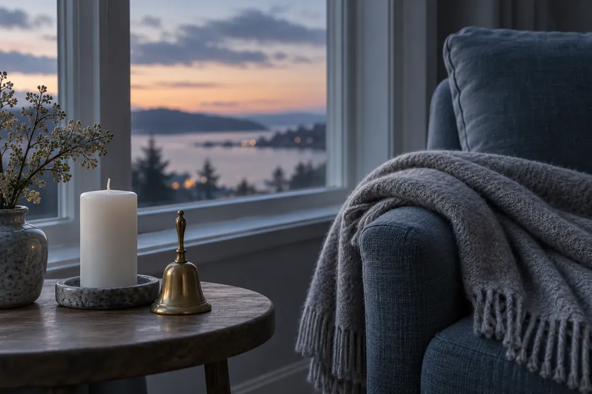 An unlit white candle, a small brass bell and a folded wool blanket on an armchair by a window at dusk