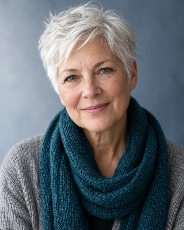 Portrait of Ruth Callahan, mediumship and grief reader, with cropped white hair and a teal scarf
